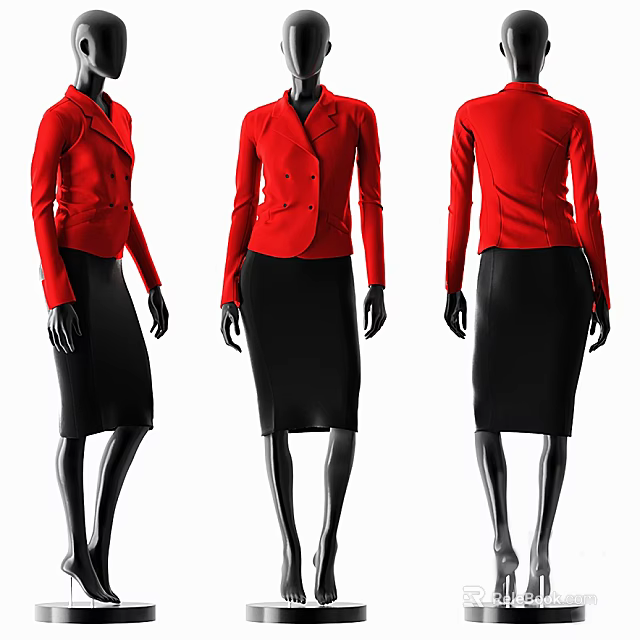 Fashion Mannequin Wearing Red Jacket and Black Skirt with Front Side Back Views 3d model 