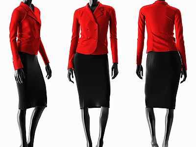 Fashion Mannequin Wearing Red Jacket and Black Skirt with Front Side Back Views 3d model