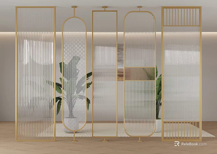 Modern Elegant Partition With Gold Frame And Transparent Panels In Interior Space With Green Plants 3d model 
