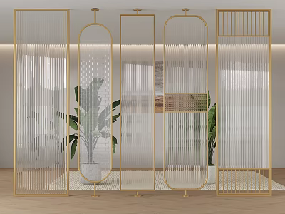 Modern Elegant Partition With Gold Frame And Transparent Panels In Interior Space With Green Plants 3d model