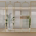 Modern Elegant Partition With Gold Frame And Transparent Panels In Interior Space With Green Plants