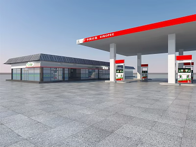 Golden Sunpetrol Gas Station With Red Canopy Fuel Pumps And Adjacent Building 3d model