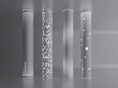 Four Modern Decorative Columns With Intricate Patterns On Gray Background 3d model