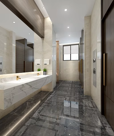 Modern Public Restroom Interior With Marble Countertop Double Sinks Large Mirror And Dark Floor Tiles 3d model
