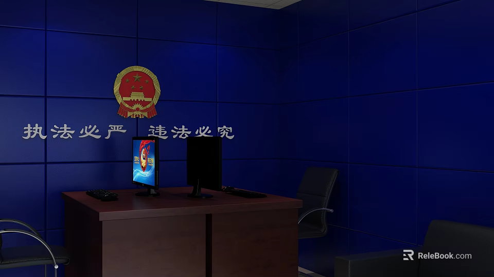 Monitoring Room Interior With Blue Walls Badge And Computer Monitors For Law Enforcement 3d model 