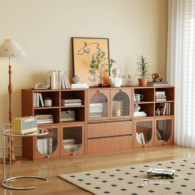 Wooden Storage Cabinet with Glass Doors Decorative Items Books and Plants in Living Room 3d model 