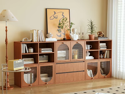 Wooden Storage Cabinet with Glass Doors Decorative Items Books and Plants in Living Room 3d model