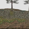 Rustic Outdoor Garden With Stone Walls Wooden Trees Archway And Yellow Flowers