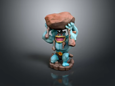 Muscular Blue Creature Character Standing Holding Large Rock Above Head On Wooden Base 3d model