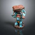 Muscular Blue Creature Character Standing Holding Large Rock Above Head On Wooden Base