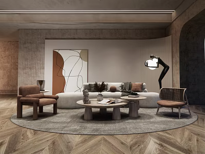 Elegant Modern Living Room Interior With Sofa Coffee Table Set Brown Chairs And Round Rug 3d model