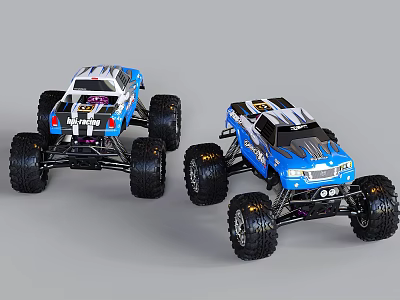 Two Blue And White Remote Control Monster Trucks With Large Tires 3d model