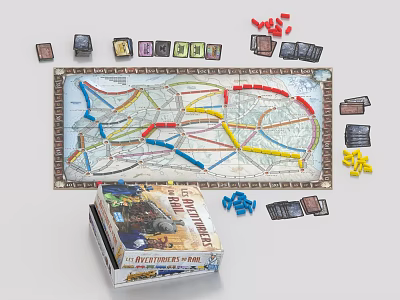 Railways of the World Board Game with Map Colored Tokens and Cards 3d model