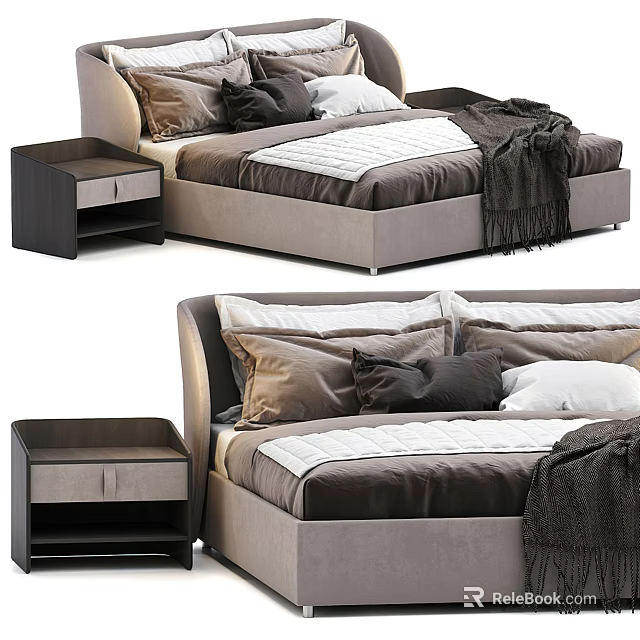 Modern Upholstered Double Bed Design With Nightstand Pillows And Throw Blanket 3d model 