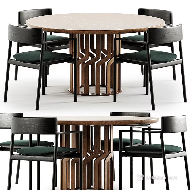 Modern Dining Table Set With Wooden Tabletop Chairs Green Cushions Black Frames Geometric Leg Design 3d model 