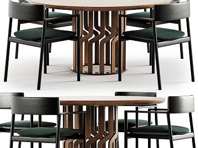 Modern Dining Table Set With Wooden Tabletop Chairs Green Cushions Black Frames Geometric Leg Design 3d model