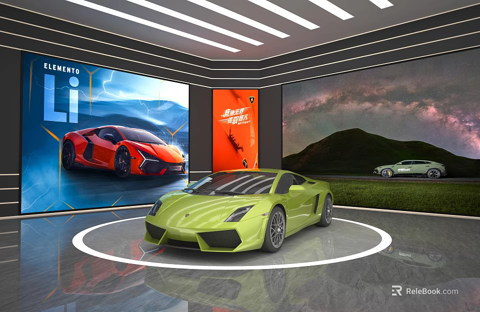 Modern Car Showroom Display With Green Red Sports Cars And Scenic Background Screens 3d model 