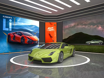 Modern Car Showroom Display With Green Red Sports Cars And Scenic Background Screens 3d model