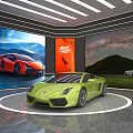 Modern Car Showroom Display With Green Red Sports Cars And Scenic Background Screens