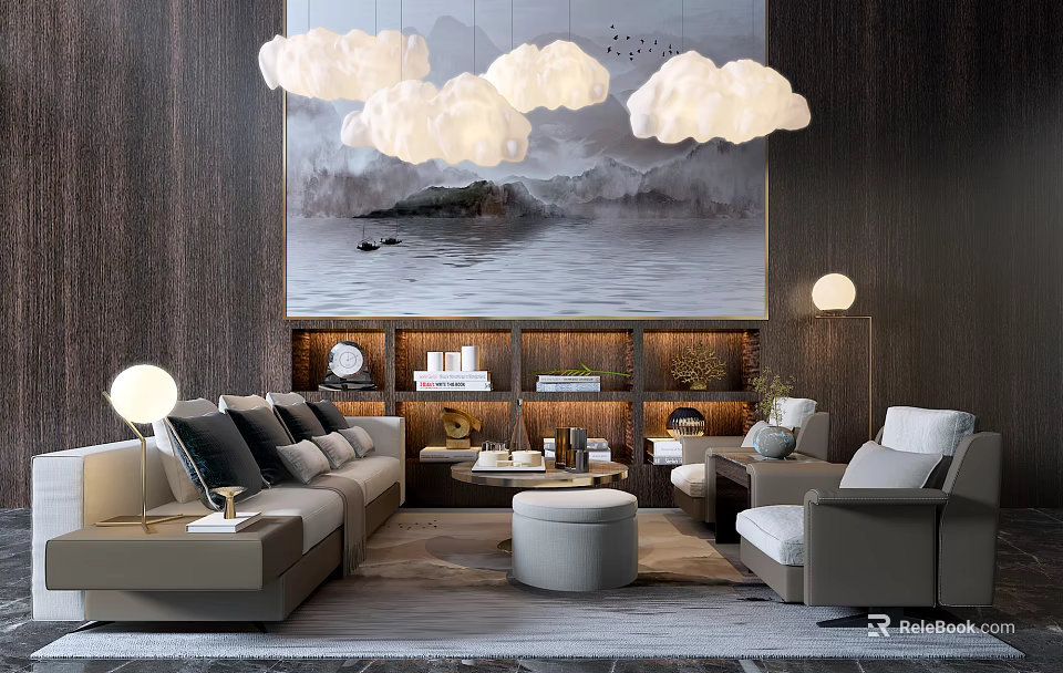 Elegant Modern Sofa and Coffee Table Set with Cloud Pendant Lights Landscape Painting and Armchair 3d model 
