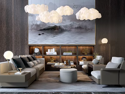 Elegant Modern Sofa and Coffee Table Set with Cloud Pendant Lights Landscape Painting and Armchair 3d model