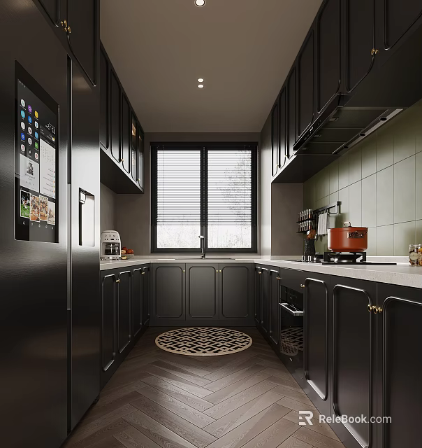 Modern Kitchen Interior With Black Cabinets White Countertops Green Walls And Round Rug 3d model 