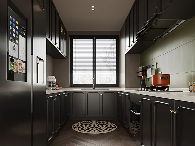 Modern Kitchen Interior With Black Cabinets White Countertops Green Walls And Round Rug 3d model