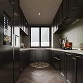 Modern Kitchen Interior With Black Cabinets White Countertops Green Walls And Round Rug