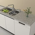 Modern Kitchen Sink with Faucet Fresh Fruits Vase and White Cabinets on Gray Countertop
