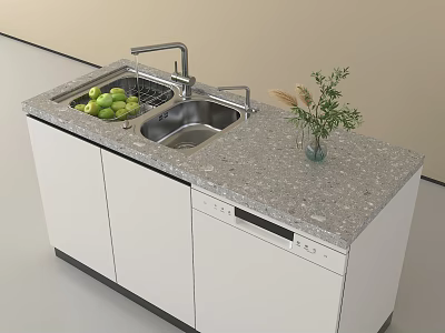 Modern Kitchen Sink with Faucet Fresh Fruits Vase and White Cabinets on Gray Countertop 3d model