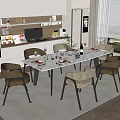 Modern Dining Table Set With Marble Top And Six Upholstered Chairs In Open Kitchen 3d model