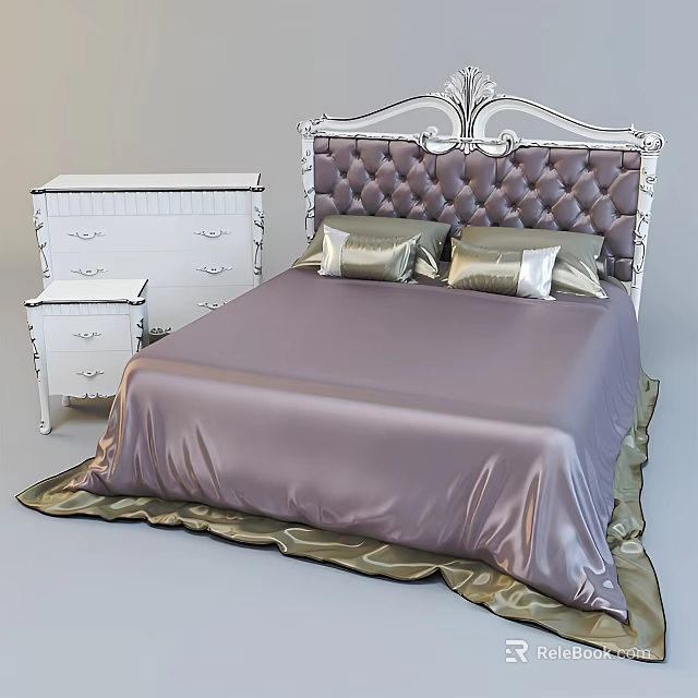 Purple Tufted Double Bed Interior With White Carved Headboard Gold Pillows Dresser And Nightstand 3d model 