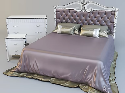 Purple Tufted Double Bed Interior With White Carved Headboard Gold Pillows Dresser And Nightstand 3d model