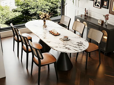 Elegant Dining Table Set With Marble Top And Six Woven Back Chairs By Window Greenery 3d model