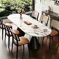 Elegant Dining Table Set With Marble Top And Six Woven Back Chairs By Window Greenery