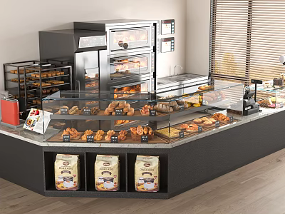 Dessert Shop Glass Display Counter With Assorted Fresh Baked Pastries And Treats 3d model