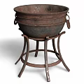 Rustic Cast Iron Kitchen Pot With Handles On Metal Stand 3d model