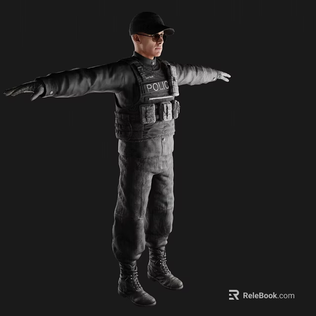 Man In Police Tactical Vest Uniform With Arms Outstretched On Dark Background 3d model 