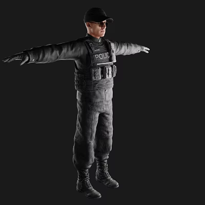 Man In Police Tactical Vest Uniform With Arms Outstretched On Dark Background 3d model