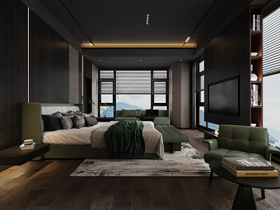 Modern Dark Bedroom Interior With Green Bedding Large Bed TV And Floor to Ceiling Windows 3d model