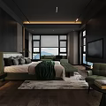 Modern Dark Bedroom Interior With Green Bedding Large Bed TV And Floor to Ceiling Windows