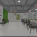 Modern Café Interior Design With Chandeliers Green Living Wall Large Windows And Wooden Tables
