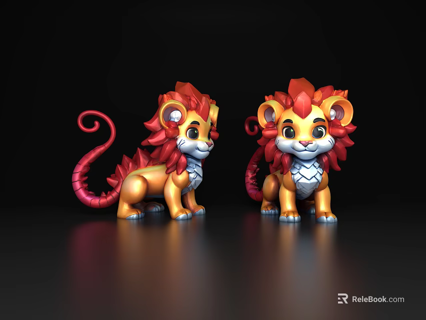 Adorable Lion Figurines With Red Mane Golden Body And Curly Tail 3d model 