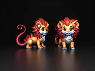 Adorable Lion Figurines With Red Mane Golden Body And Curly Tail 3d model