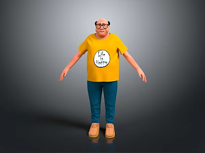 3D Male Character With Bald Head Glasses Yellow T-shirt Let's Go Logo Blue Pants Brown Shoes 3d model