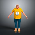 3D Male Character With Bald Head Glasses Yellow T-shirt Let's Go Logo Blue Pants Brown Shoes