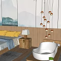 Modern Hotel Room Interior With Comfortable Bed Sofa Chandelier And Green Plants