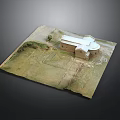 Detailed Brown Building Model Featuring White Roof And Grass Surroundings Yard Layout