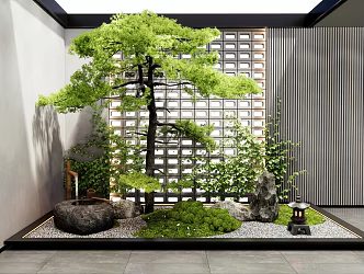 New Chinese style interior landscape landscaping courtyard sketch pine water bowl moss plant pile 3d model