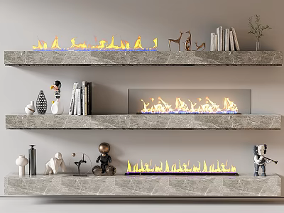Three Tiered Stone Fireplace With Flames Books And Decorative Figurines 3d model